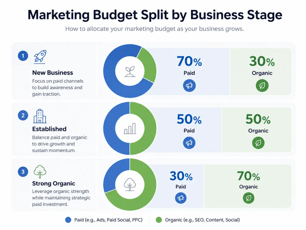 Marketing budget split between paid and organic by business stage.