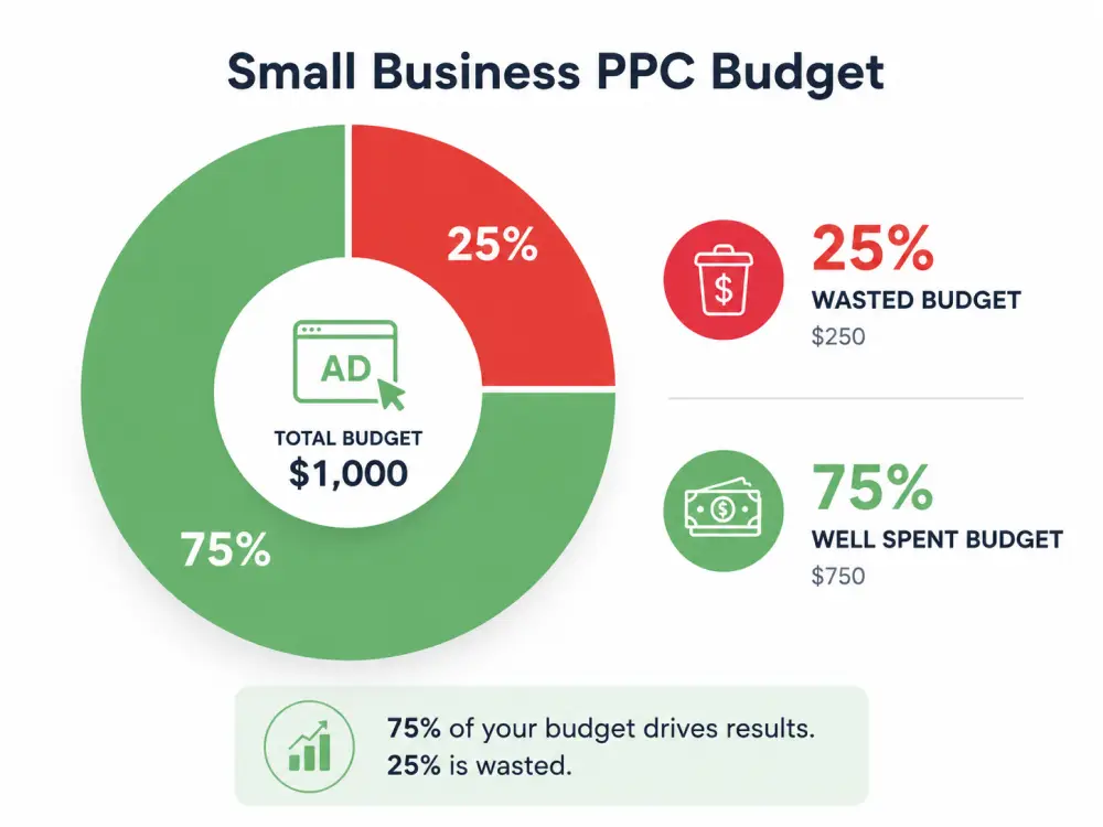 Graphic showing 25 percent of small business PPC budget wasted.
