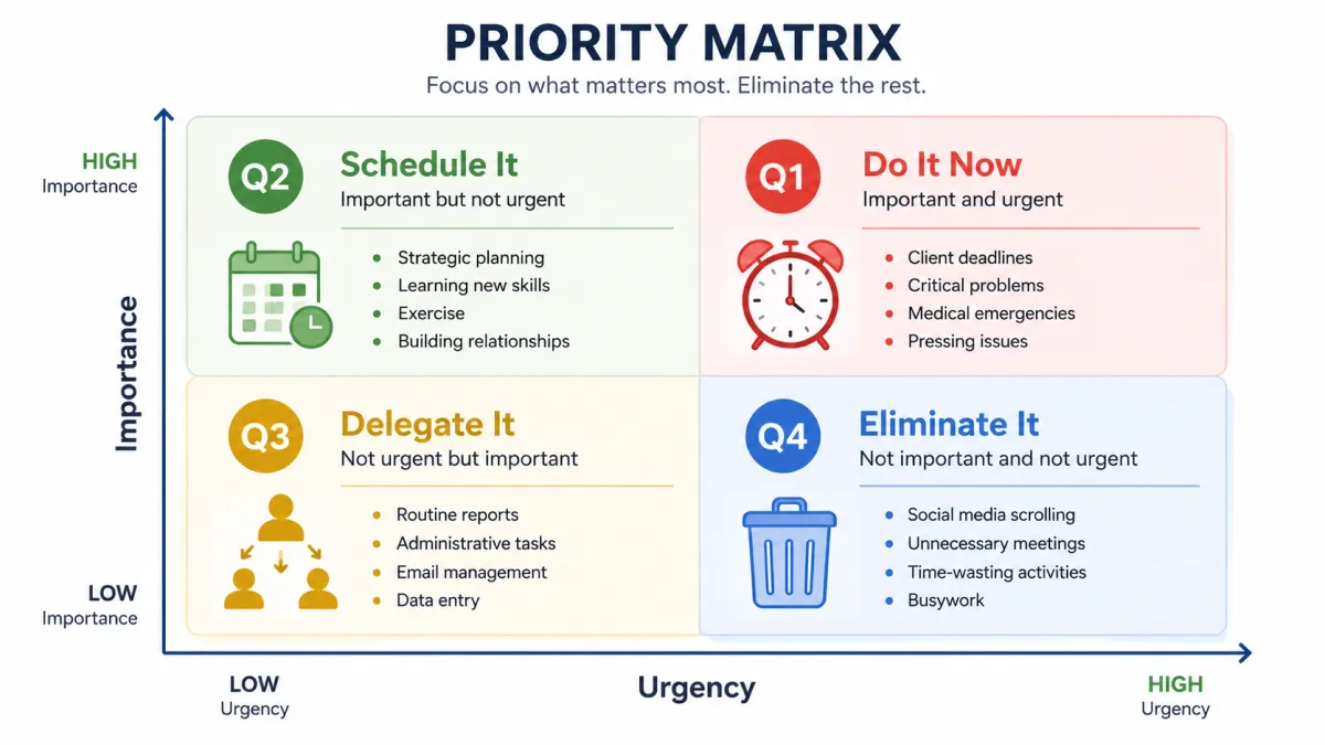 Four quadrants of the priority matrix for business task management.