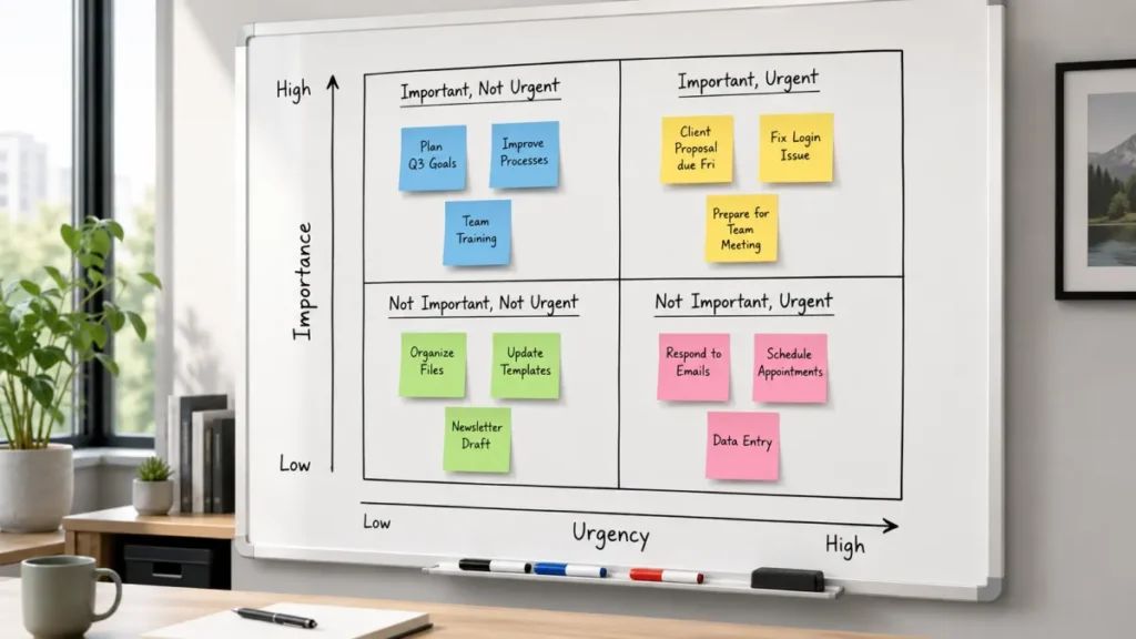 Priority matrix on a whiteboard with color-coded tasks for small business planning.