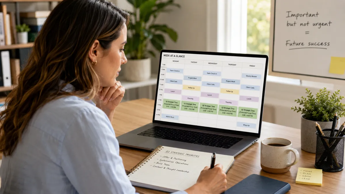 Business owner calendar with time blocked for strategic priority work.