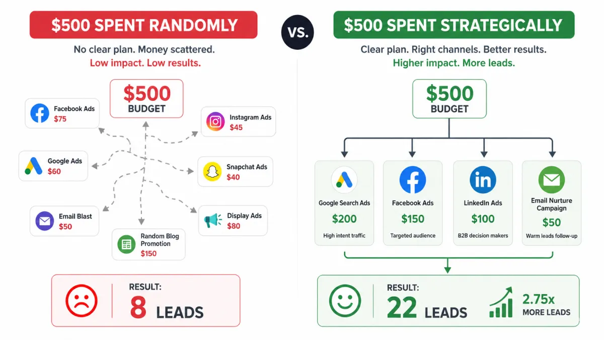 Six-month marketing growth timeline for a $500 monthly budget.