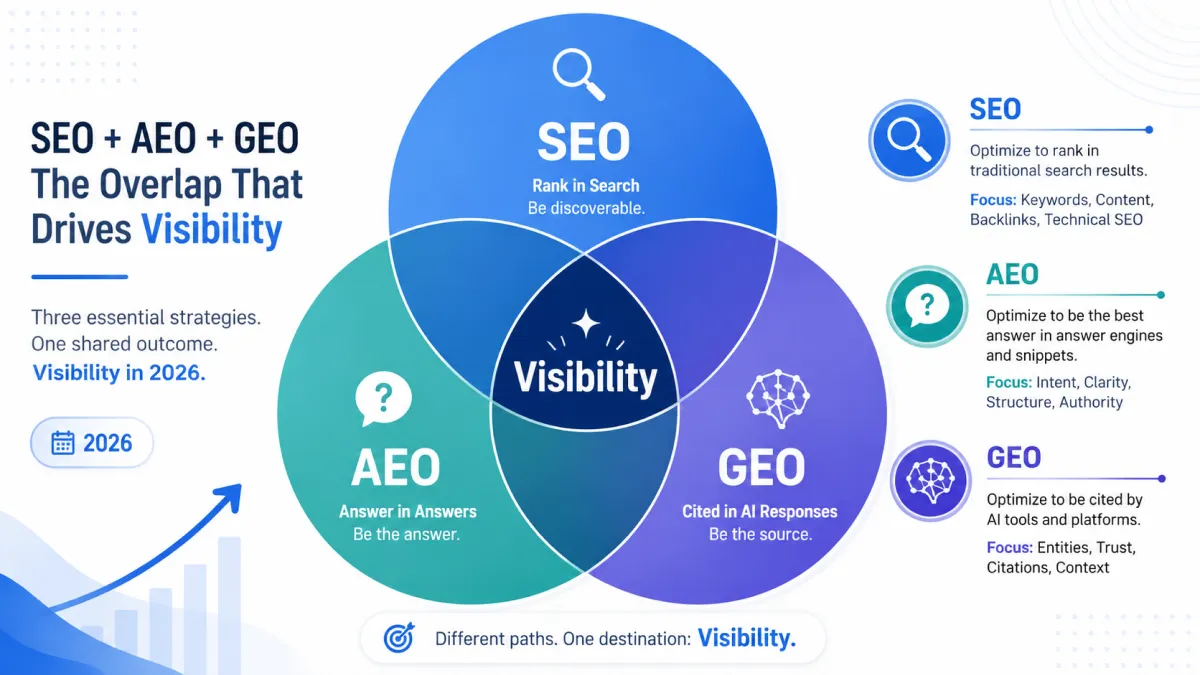 SEO AEO GEO Venn diagram showing how search strategies overlap in 2026