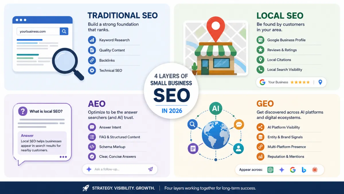 Four layers of small business SEO in 2026: traditional, local, AEO, and GEO.