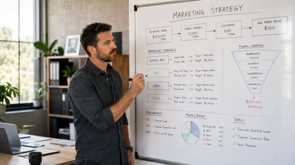 Small business owner planning a results-based marketing strategy on a whiteboard.
