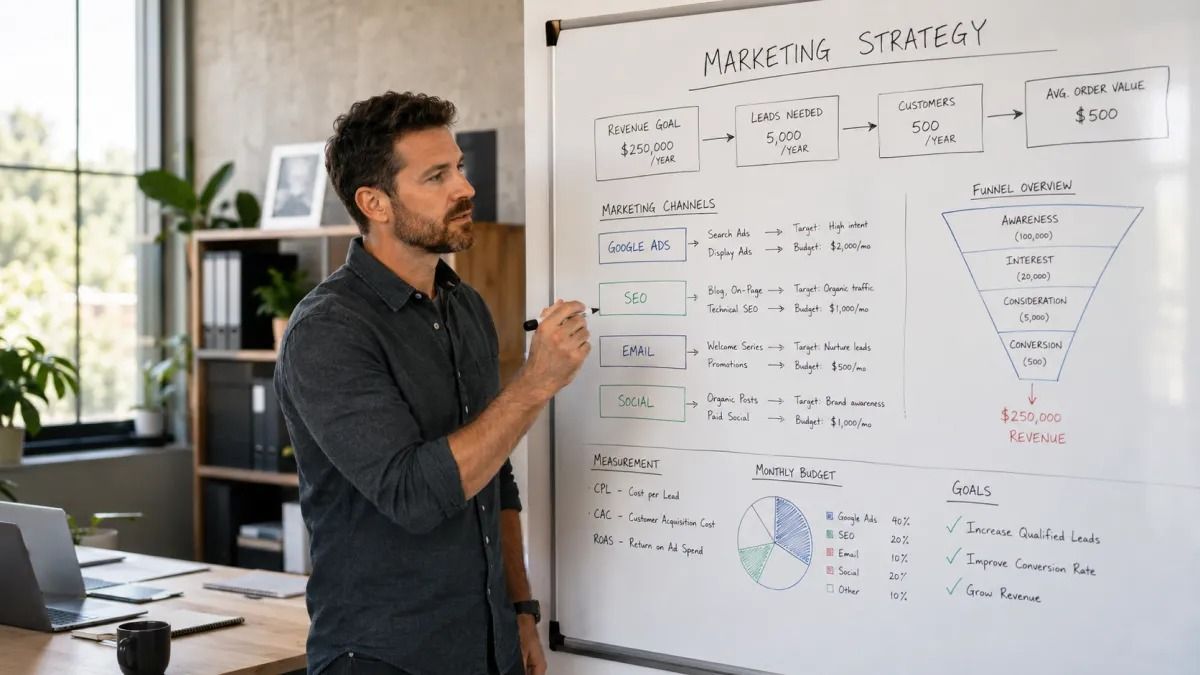 Small business owner planning a results-based marketing strategy on a whiteboard.