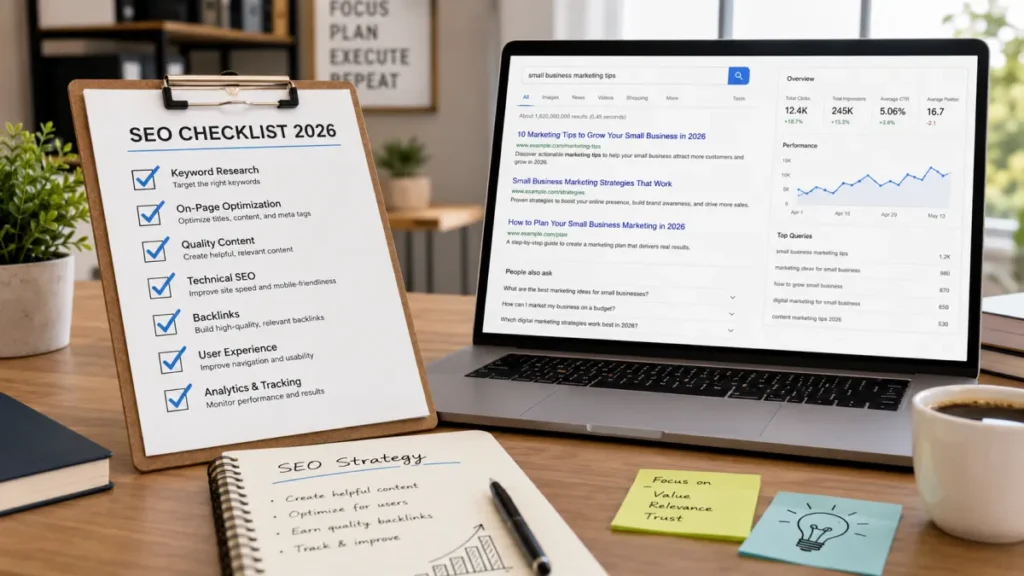 Small business SEO checklist for 2026 with laptop showing search results.