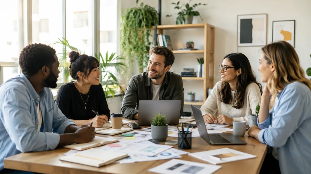 Small business team of five collaborating on a project.