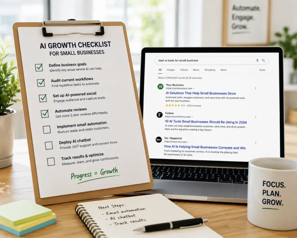 Small business SEO checklist for 2026 with laptop showing search results.