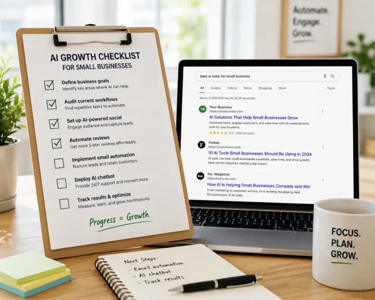 Small business SEO checklist for 2026 with laptop showing search results.