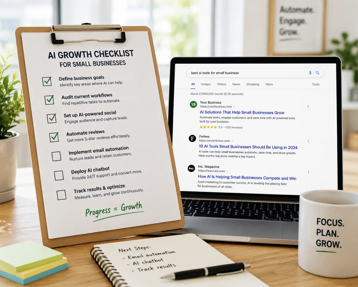 Small business SEO checklist for 2026 with laptop showing search results.