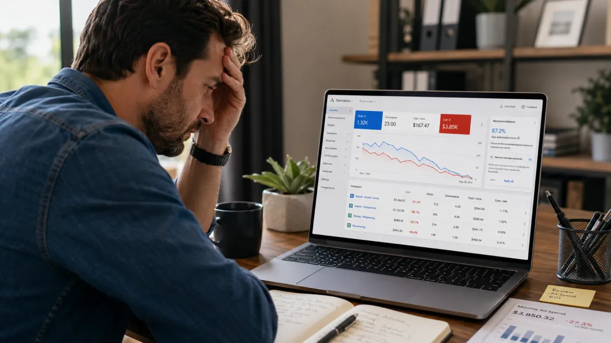 Small business owner reviewing wasted ad spend on a Google Ads dashboard.