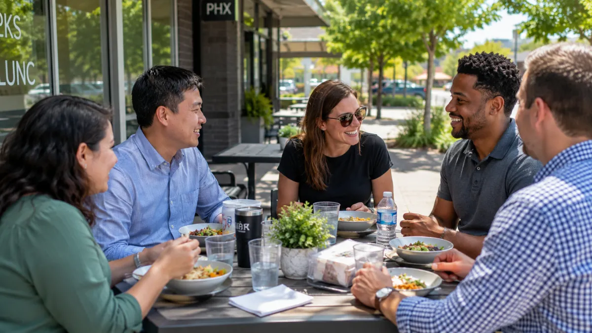 Small business team building connection over a team lunch.