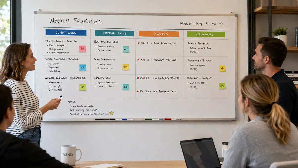 Shared team priority board used during a Monday morning meeting.