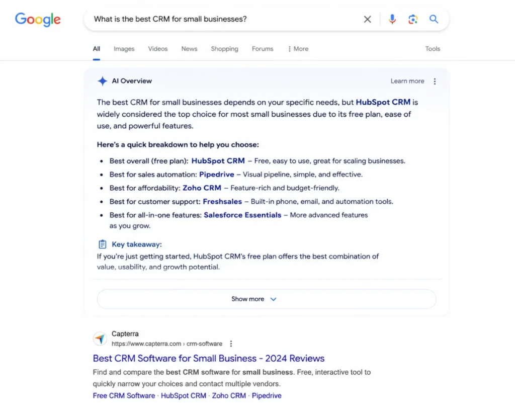 Google zero-click search showing AI Overview answering a question without clicks.