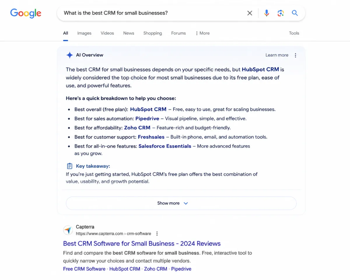 Google zero-click search showing AI Overview answering a question without clicks.